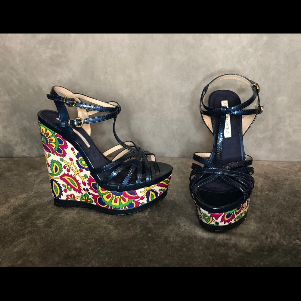 Italian Designer Blue Strap Wedge platform heels